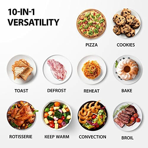 10-in-1 versatility with images of pizza, cookies, toast, defrosting, reheating, baking, rotisserie, keep warm, convection, and broiling functions.