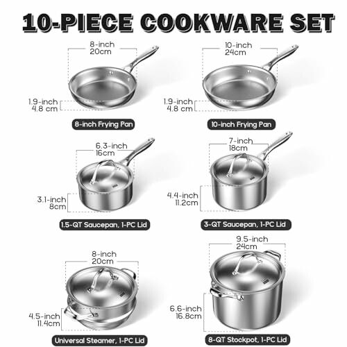 Diagram of a 10-piece cookware set with measurements for each piece.