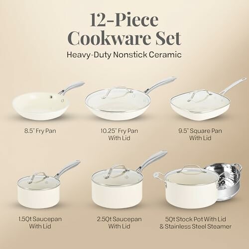 12-piece heavy-duty nonstick ceramic cookware set with various pans and pots.