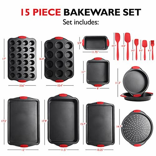 15-piece bakeware set with various baking pans and utensils.