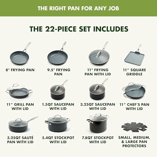 22-piece cookware set including various pans and pots with lids.