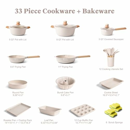 Collection of 33-piece cookware and bakeware set with various pots, pans, utensils, and accessories.