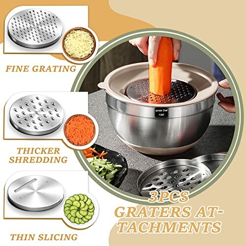 3-piece grater attachments with bowl for fine grating, thicker shredding, and thin slicing.