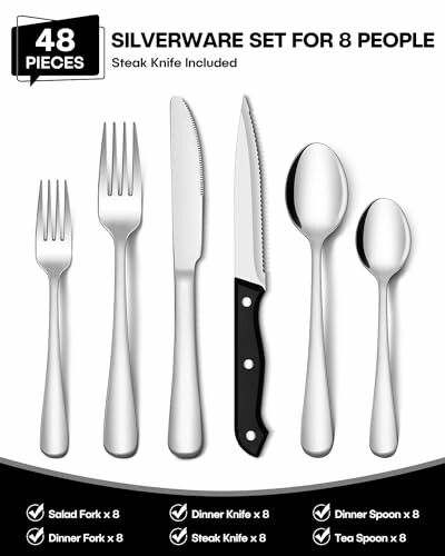 48-piece silverware set for 8 people with steak knife included.