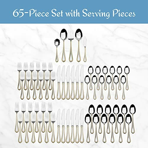 65-piece cutlery set with serving pieces on marble background