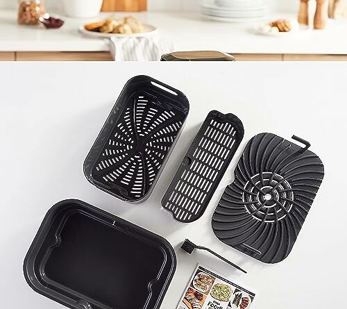 Air fryer accessories on a kitchen counter.