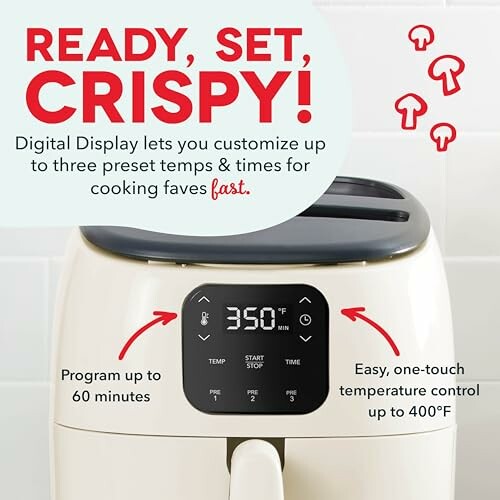 Air fryer with digital display showing 350ÃÂÃÂÃÂÃÂÃÂÃÂÃÂÃÂÃÂÃÂÃÂÃÂÃÂÃÂÃÂÃÂ°F and features like program up to 60 minutes and easy temperature control.