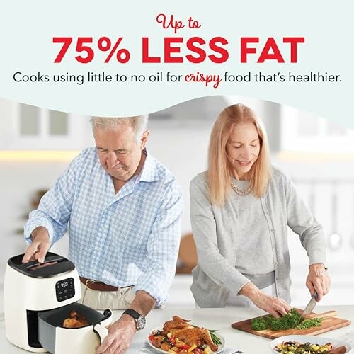 Elderly couple using an air fryer and preparing food in a kitchen.