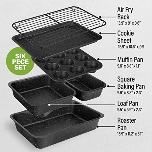 Bakeware set including air fry rack, cookie sheet, muffin pan, square baking pan, loaf pan, and roaster pan with dimensions.