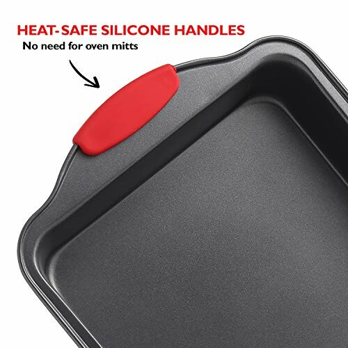 Baking pan with heat-safe silicone handle.