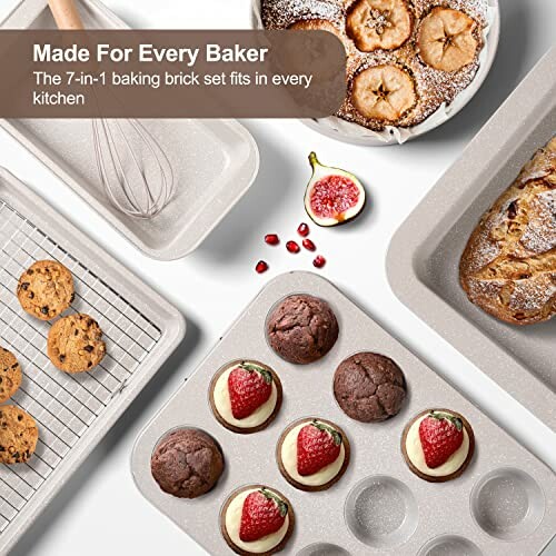 Baking set with various desserts, including cookies, muffins, and bread.