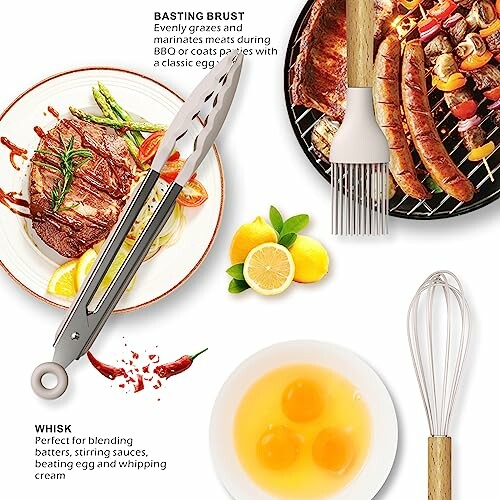 BBQ tools with meat, eggs, lemon, and chili.