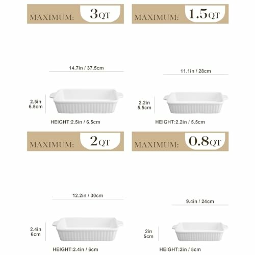 Four ceramic baking dishes with different sizes and capacities labeled 3 QT, 1.5 QT, 2 QT, and 0.8 QT.