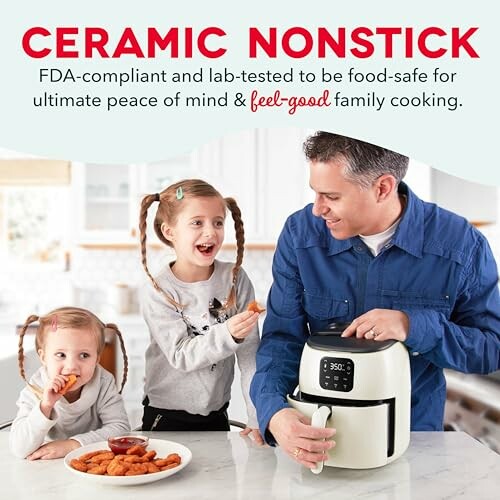 Family using a ceramic nonstick air fryer in the kitchen.