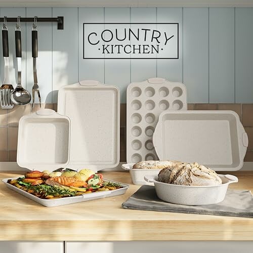 Country kitchen bakeware set with bread and vegetables