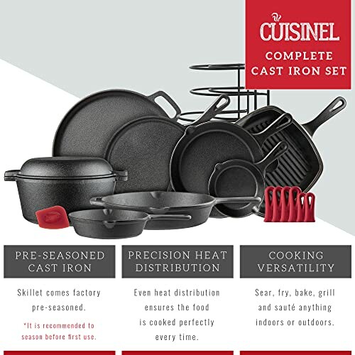 Cuisinel complete pre-seasoned cast iron cookware set with heat distribution and versatility features.