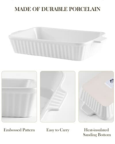 Durable porcelain baking dish with embossed pattern, easy to carry, heat-insulated sanding bottom.