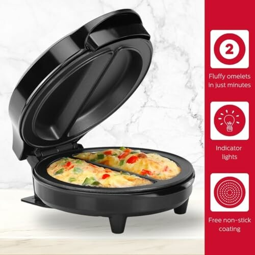 Black electric omelet maker with two omelets inside, featuring benefits like fluffy omelets in minutes, indicator lights, and non-stick coating.