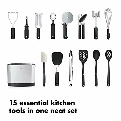 Set of 15 essential kitchen tools including peeler, grater, pizza cutter, can opener, whisk, spatula, and more.