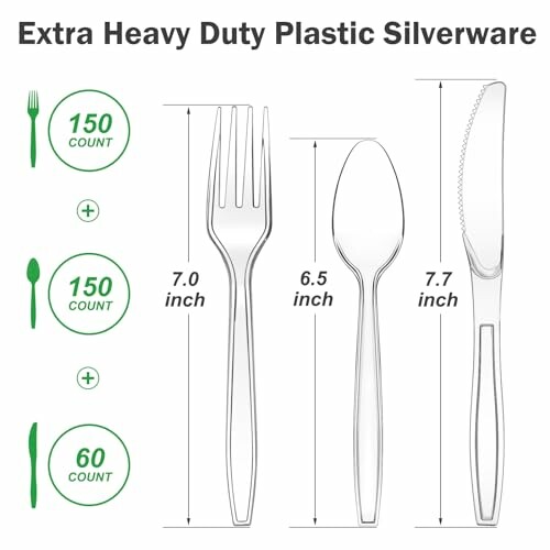 Illustration of extra heavy duty plastic silverware set with fork, spoon, and knife dimensions.