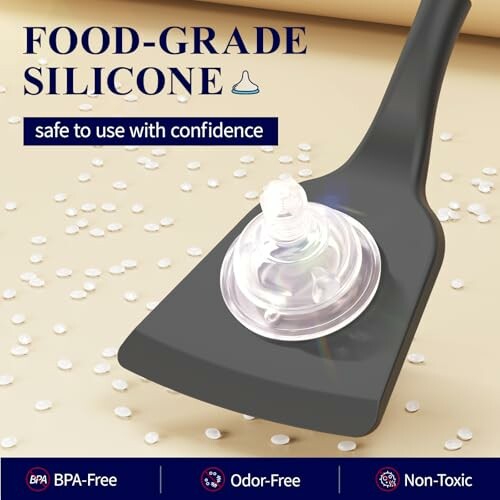 Food-grade silicone spatula with safety features like BPA-free, odor-free, and non-toxic.