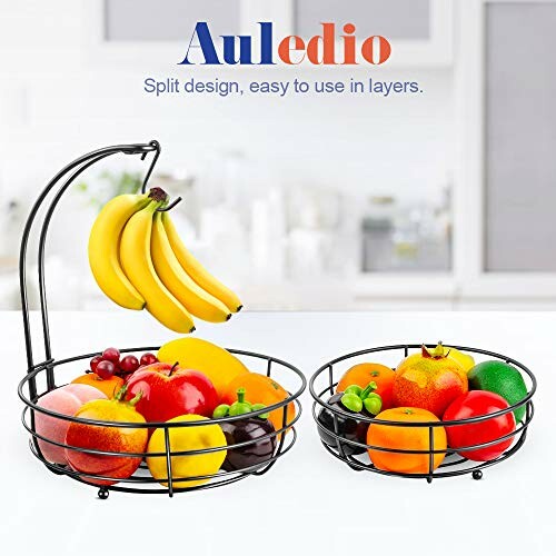 Fruit basket holder with bananas and assorted fruits.