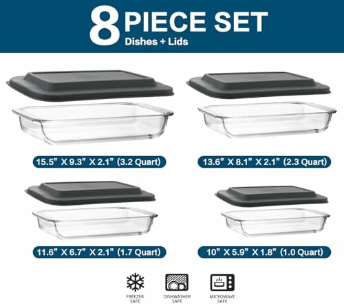 8-piece glass bakeware set with lids, various sizes, freezer, dishwasher, and microwave safe.