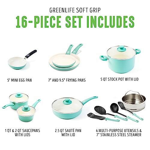 GreenLife Soft Grip 16-piece cookware set with frying pans, stock pot, saucepans, sautÃÂÃÂÃÂÃÂÃÂÃÂÃÂÃÂÃÂÃÂÃÂÃÂÃÂÃÂÃÂÃÂ© pan, utensils, and steamer.