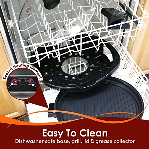 Open dishwasher with grill components labeled as easy to clean.