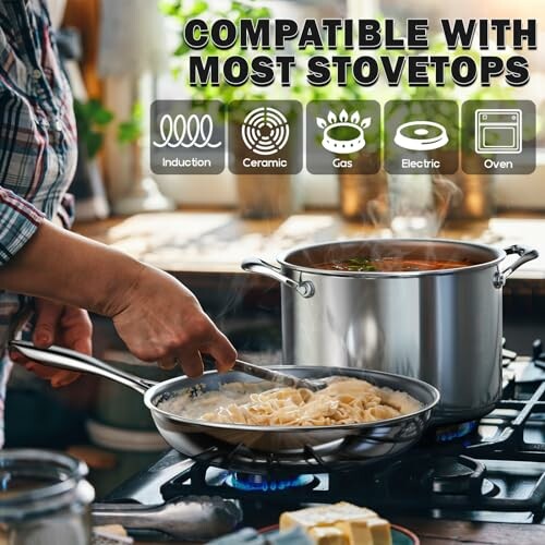 Person cooking on a stovetop with multiple cookware compatibility icons.