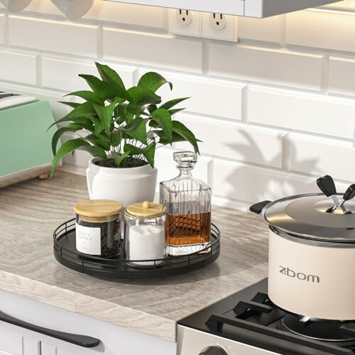 Kitchen counter with plant, jars, and decanter on tray