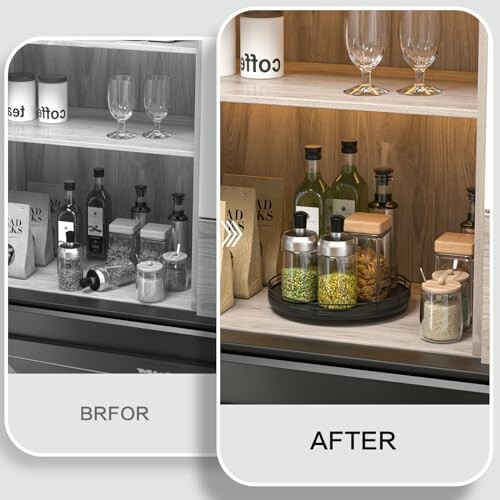 Comparison of kitchen pantry organization before and after with jars and bottles neatly arranged.