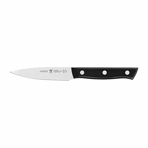 A kitchen paring knife with a black handle and three rivets.