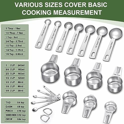 Set of measuring cups and spoons with various sizes labeled.