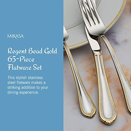 Mikasa Regent Bead Gold 65-piece flatware set with stainless steel and gold accents.