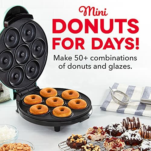 Open mini donut maker with baked donuts, various toppings, and text promoting donut combinations.