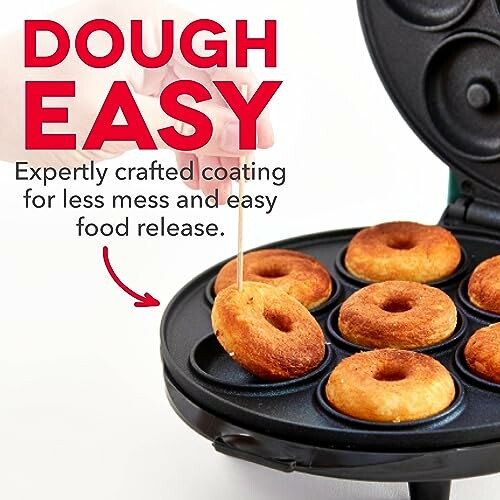 Mini donut maker with freshly baked donuts and text highlighting easy food release.