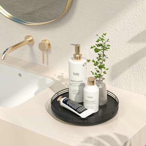 Minimalist bathroom vanity with skincare products and plant.