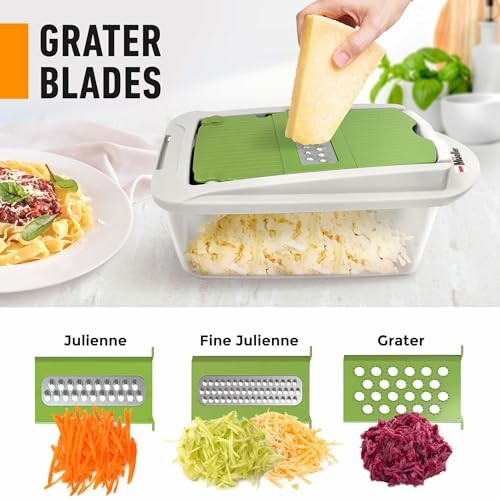 Multi-functional grater with interchangeable blades for julienne, fine julienne, and grating.