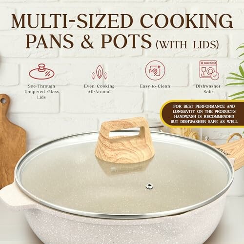 Multi-sized cooking pans and pots with lids on a kitchen counter.