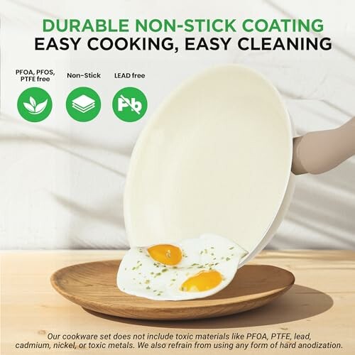 Pan with non-stick coating pouring eggs, emphasizing easy cooking and cleaning.