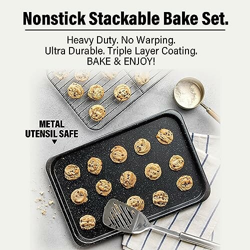 Nonstick stackable bake set with cookies on a baking sheet and cooling rack.