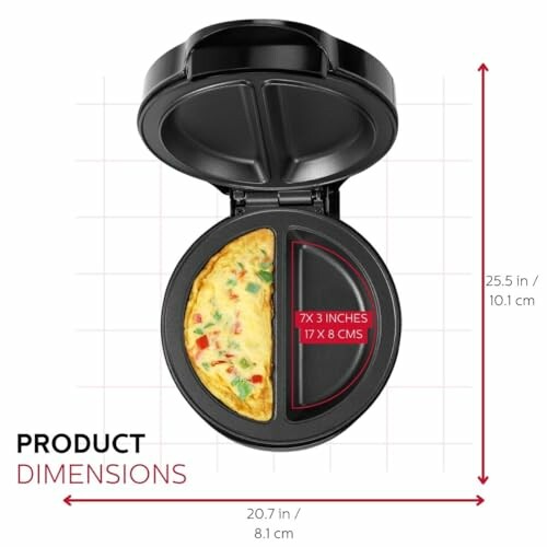 Omelette maker showing product dimensions in inches and centimeters.