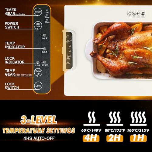 Roasted chicken in a cooker with temperature settings display.