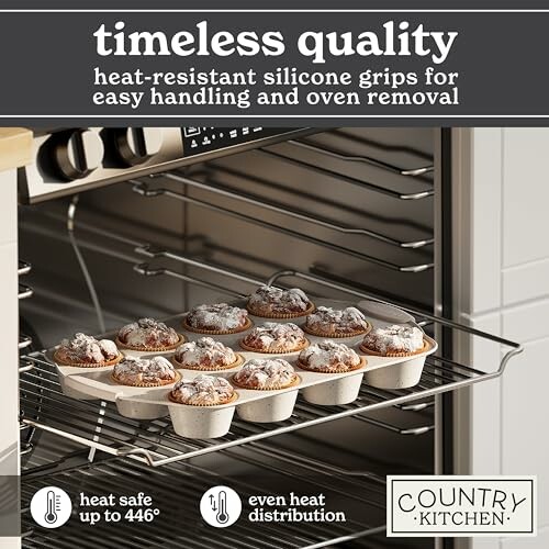 Silicone muffin pan with muffins in oven, featuring heat-resistant grips.