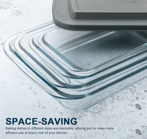 Stackable glass baking dishes with lids for space-saving storage.