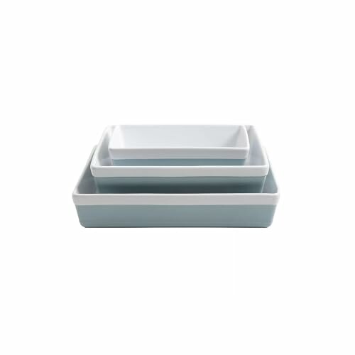 Stacked light blue baking dishes