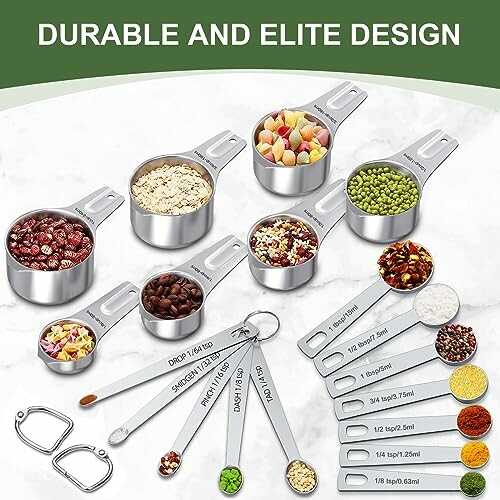 Stainless steel measuring cups and spoons with various ingredients.