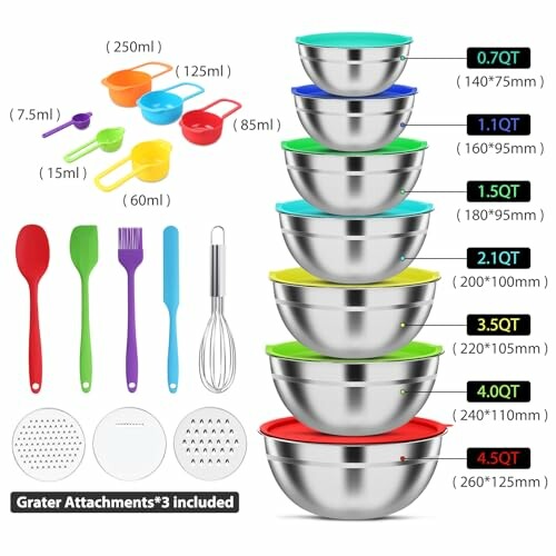 Stainless steel mixing bowl set with measuring cups, spoons, and lids.