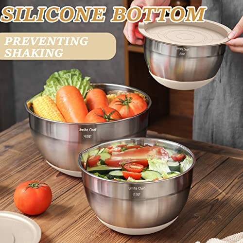 Stainless steel mixing bowls with silicone bottoms and lids, filled with vegetables.